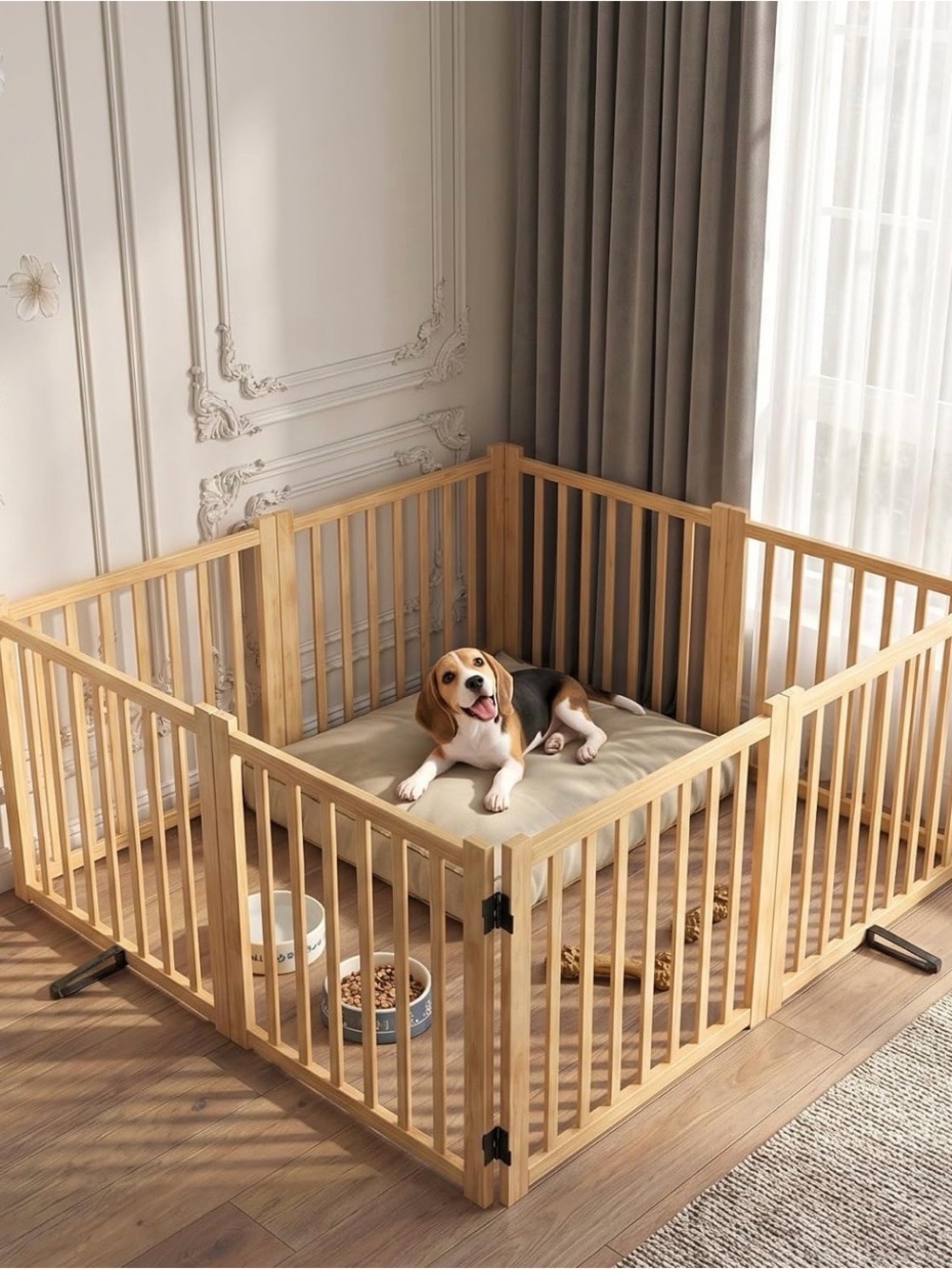 Natural Wood Pet Playpen with Beige Cushion - Safe Indoor Dog Enclosure